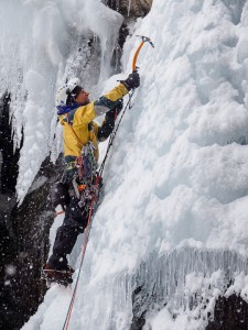 Phil climbing Lillaz Cascade Ice Route, Cogne
